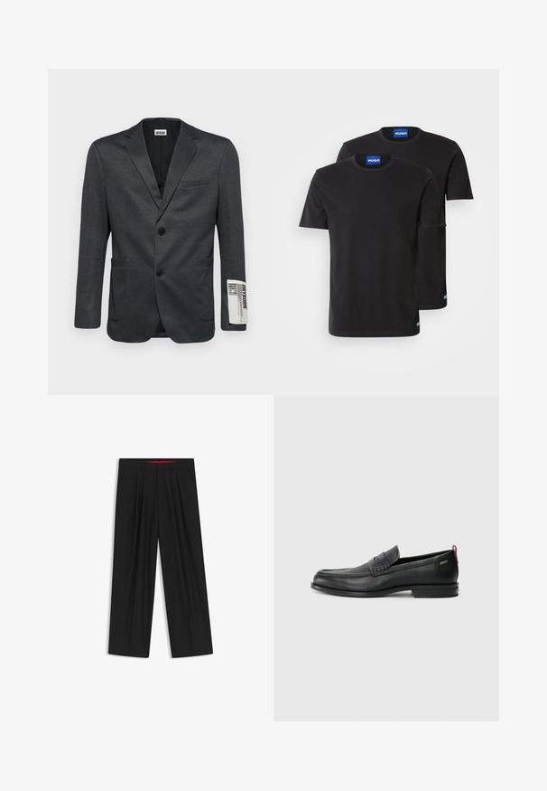 Dunkelgrauer Blazer mit zwei Vorderaschen und einem einzigen Knopfverschluss. Auffälliges Schrift-Detail am Ärmel. Glatte Textur.; Zwei schwarze Baumwoll-T-Shirts mit Rundhals, kurzen Ärmeln und blauen "HUGO"-Labels an den Kragen und seitlichen Säumen.; Schwarze weit geschnittene Hosen mit flachem Bund, zwei seitlichen Taschen, gefaltetem Design und einem kontrastierenden roten Innenbund.; Schwarze Lederloafers mit einem strukturierten Vorderteil und glatten Seiten. Sie verfügen über einen schmalen Absatz und eine Schlaufe an der Rückseite für einfaches Anziehen. Klassisches Design.