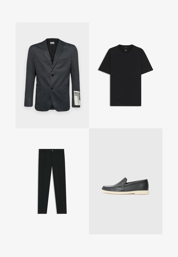 Donkergrijze blazer met twee voorzakken en een enkele knoopsluiting. Opmerkelijke tekstdetail op de mouw. Soepele textuur.; Zwarte korte mouwen T-shirt van een gladde katoenmix, met een ronde halslijn en een minimalistisch ontwerp zonder patronen of accenten.; Zwarte dresspants met een recht pasvorm, gemaakt van een gladde stof. Heeft een sluiting met een knoop aan de voorkant en ceintuurlussen. Effen zonder patronen.; Zwarte leren instappers met een gestructureerde afwerking en een contrasterende beige rubberen zool. Beschikt over een subtiele accent langs de voorkant.
