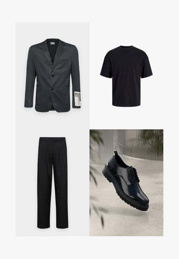 Czarnoszary żakiet z dwoma przednimi kieszeniami i zapięciem na jeden guzik. Zauważalny detal tekstowy na rękawie. Gładka tekstura.; Czarna bawełniana koszulka z okrągłym dekoltem, krótkimi rękawami i luźnym krojem. Gładka tekstura, bez widocznych wzorów czy akcentów.; Czarne spodnie wykonane z gładkiego materiału, z prostą nogawką, dwoma fałdami z przodu oraz standardowym paskiem z wypustkami na pasek.; Czarne skórzane buty z połyskiem, okrągłym noskiem, sznurowanym zapięciem, kontrastowym przeszyciem oraz grubą gumową podeszwą z bieżnikiem.