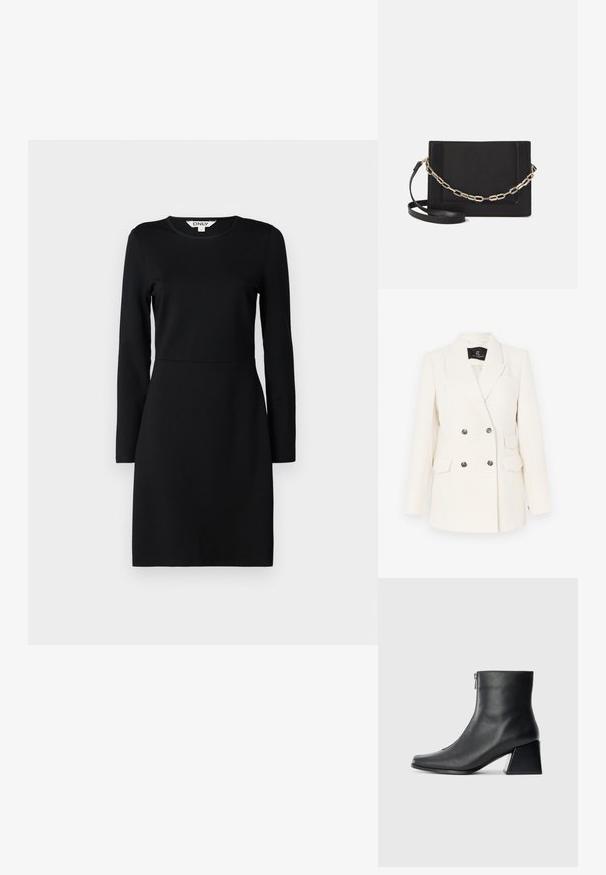 Podwójnie zapięta marynarka z fakturowanej białej tkaniny. Posiada czarne guziki, dwie przednie kieszenie i klapę z zapięciem.; Czarna sukienka z długim rękawem i okrągłym dekoltem. Dopasowany krój z detalem w postaci szwu w talii. Miękka tkanina, gładka struktura. Brak wzorów lub ozdób.; Czarne skórzane botki za kostkę z kwadratowym noskiem, bocznym zamkiem błyskawicznym i słupkowym obcasem na jasnym tle.; Czarna skórzana torebka typu crossbody z gładką teksturą, prostokątnym kształtem oraz metalowym detalem w postaci łańcuszka z przodu. W zestawie regulowany pasek.