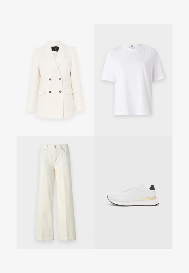 Kétsoros zakó strukturált fehér textilből. Fekete fém gombokkal, két elülső zsebbel és sapkával ellátott hajtókával rendelkezik.; Fehér pamut póló, kerek nyakkivágással, rövid ujjakkal és diszkrét sárga logóval, amelyen a felirat "HILFIGER NEW YORK 1985" szerepel. Normál szabású.; Bőszárú fehér farmernadrág pamut keverék anyagból. Cipzáras záródással, öt zsebes kialakítással és varrással a varratok mentén.; Fehér sneakers sima felülettel, fekete sarok kiemeléssel és arany fém részlettel a talp középső részén. Fűzős kialakítás, gumitalp.