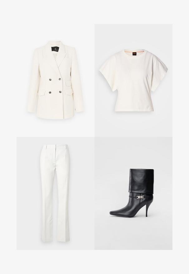 Dvojný blejzr z texturované bílé látky. Obsahuje černé ozdobné knoflíky, dvě přední kapsy a klopový límec.; Bílý zkrácený T-shirt, krátké široké rukávy, měkký bavlněný materiál, kulatý výstřih s jemným oranžovým lemováním, minimalistický design, bez vzorů nebo grafik.; Bílé kalhoty na míru s rozšířeným spodním lemem, se záhyby vpředu a hladkým povrchem, vyrobené z lehkého materiálu.; Černé kožené kotníkové boty s špičatou špičkou, vysokým stiletto podpatkem, ohrnovací manžetou a zlatým ozdobným přezkovým detailem na kotníku.