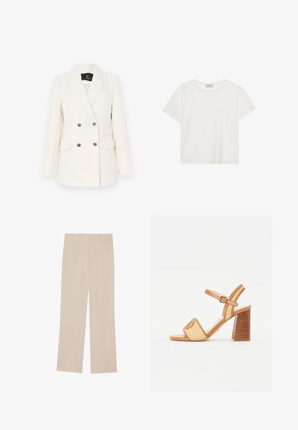 Double-breasted blazer in gestructureerde witte stof. Voorzien van zwarte knopen, twee voorkruiden en een gelapte revers.; Witte T-shirt met korte mouwen, gemaakt van zachte katoen. Heeft een ronde halslijn en een relaxte pasvorm. Schoon ontwerp zonder zichtbare patronen of accenten.; Beige wijde broek met een gladde textuur, met een getailleerde pasvorm, twee voorzakken en subtiele plooi-details langs de benen.; Bruine leren en geweven rieten sandalen met hak, voorzien van een enkelbandje, open teen en een chunky houten hak met horizontale strepen.