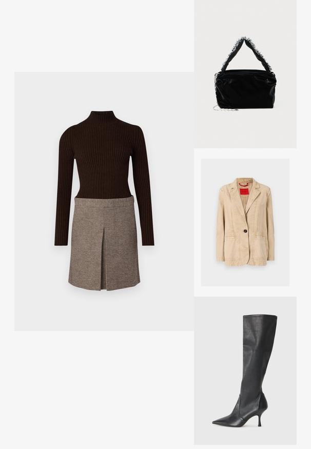 Casaco de algodão bege com lapela em bico, fecho de um único botão preto, duas bolsas frontais e detalhes de costura visíveis. Etiqueta vermelha no interior.; Top de gola alta castanho com riscas, combinado com uma saia xadrez com detalhe de pregas, ambos feitos de um tecido macio e texturizado.; Botas de couro pretas até ao joelho, com bico apontado e um salto stiletto fino. Textura suave com design ajustado e costura na borda superior.; Bolsa de mão em pele sintética preta com acabamento texturizado, apresentando um detalhe de contas prateadas ao longo da alça superior e uma alça de corrente.