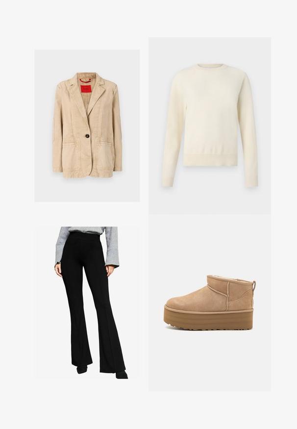 Beež puuvillane jope, millel on soonikuga krae, ühe musta nööbi sulgemine, kaks esist pocketit ning nähtavad õmblusdetailid. Punane silt sees.; Hele kreemikaalune sviiter pikade varrukatega, ümmarguse kaelusega ja ribaga äärisega. Valmistatud pehmest materjalist, millel on sile tekstuur.; Mustad flared püksid venivast kangast, millel on kõrge vöökoht ja õmblused ees, koos halli pikkade varrukatega särgiga.; Bež nubukist kängad pahkluudele, millel on pehme sisemus, platvormitald ja seljal kergesti tõmbamiseks mõeldud kinnitustuli. Tekstuuriga kummitald.