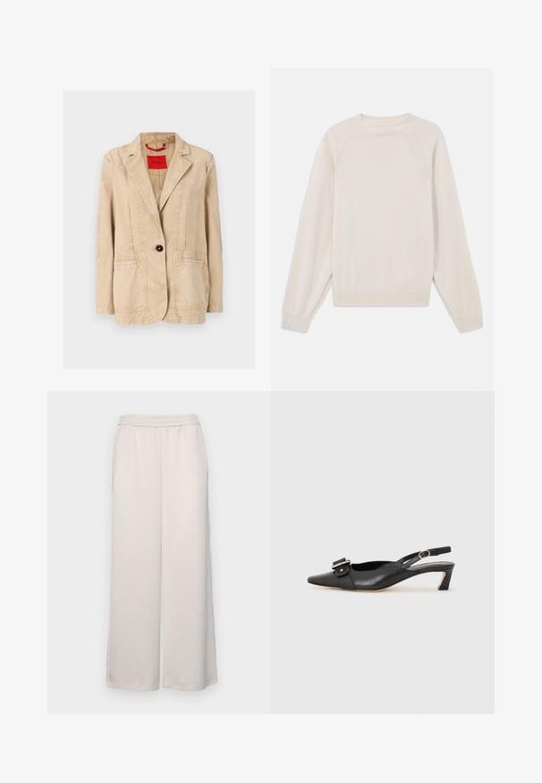 Beige színű pamut dzseki, kiemelt hajtókás gallérral, egy fekete gombbal záródik, két elülső zsebbel és látható varrási részletekkel. Belső piros címke.; Világos krémszínű pulóver, puha kötött anyagból készült. Kerek nyakkivágással, hosszú ujjakkal és bordázott mandzsettákkal, valamint rakláng ujjdizájnnal rendelkezik.; Világos bézs, bő szárú nadrág rugalmas derékkal. Sima anyag, teljes hosszúságú, látható díszítések vagy minták nélkül.; Fekete bőr szandál kis sarkú, hegyes orral, díszes csattal a felsőrészen. Simább textúra, minimalista design.