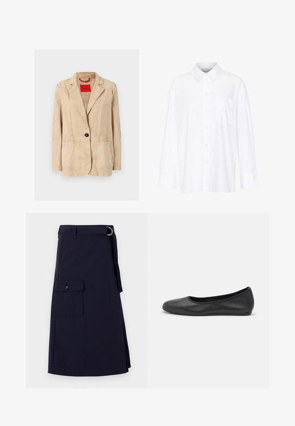 Cazadora de algodón beige con solapas muesca, cierre de un solo botón negro, dos bolsillos frontales y detalles de costura visibles. Etiqueta roja en el interior.; Camisa blanca de manga larga y cuello hecha de algodón. Presenta un cierre de botones en la parte delantera y un bolsillo en el pecho. Textura suave, ajuste relajado.; Falda azul marino con un diseño estructurado, que presenta un bolsillo de carga lateral y un detalle de cinturón con anillo en D de metal. Fabricada con tela duradera.; Bailarina de piel negra con punta redondeada, textura suave, detalle de costura minimalista y diseño de suela flexible.