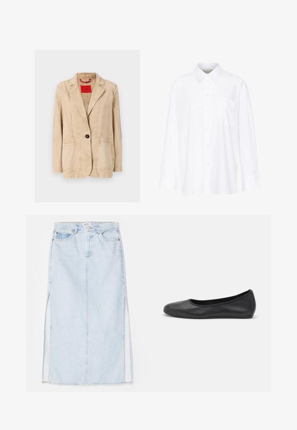 Beige színű pamut dzseki, kiemelt hajtókás gallérral, egy fekete gombbal záródik, két elülső zsebbel és látható varrási részletekkel. Belső piros címke.; Fehér, hosszú ujjú, galléros ing, amely pamutból készült. Gombos elülső része és egyetlen mellzsebe van. Simított textúra, laza szabás.; Világoskék farmer maxi szoknya egyenes szabással, oldalsó hasítékokkal és öt zsebes kialakítással. Kiemelkedő varrás és fém gombos zárás.; Fekete bőr balettcipő lekerekített orral, sima tekstúrával, minimális varrással és rugalmas talp kialakítással.