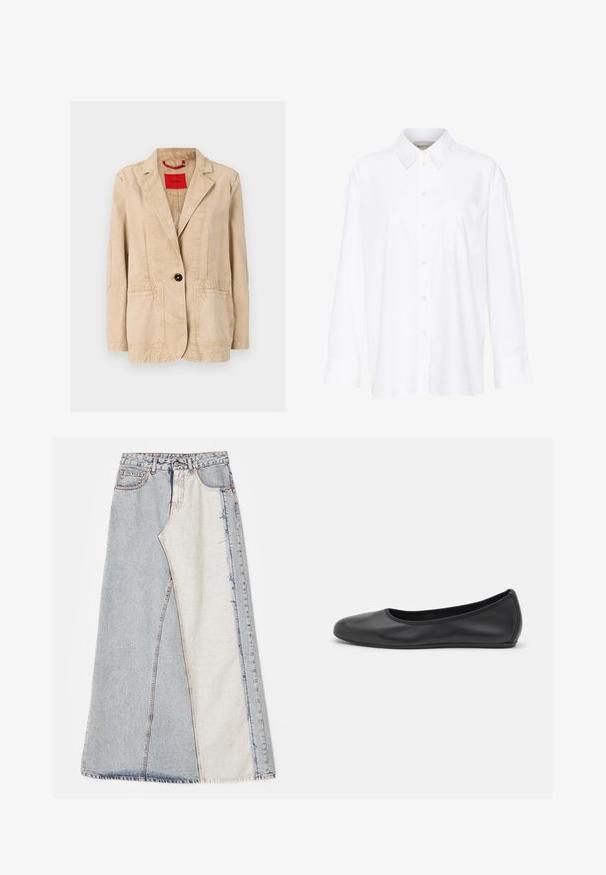 Beež puuvillane jope, millel on soonikuga krae, ühe musta nööbi sulgemine, kaks esist pocketit ning nähtavad õmblusdetailid. Punane silt sees.; Valge pika käisega krae särg, mis on valmistatud puuvillast. Omab nööbipaneeli esiosa ja ühte rinna taskut. Sujuv tekstuur, vabalt lõigatud.; Denim seelik, millel on patšitud disain, kus on heledad ja keskmise sinise tooni sektsioonid, rebenenud servad ja kõrge vöökoht. Klassikaline viie taskuga stiil.; Musthave mustika tantsutossud mustast nahast, ümmarguse varbaga, siledast tekstuurist, minimaalse õmblusdetailiga ja paindliku tallakujundusega.