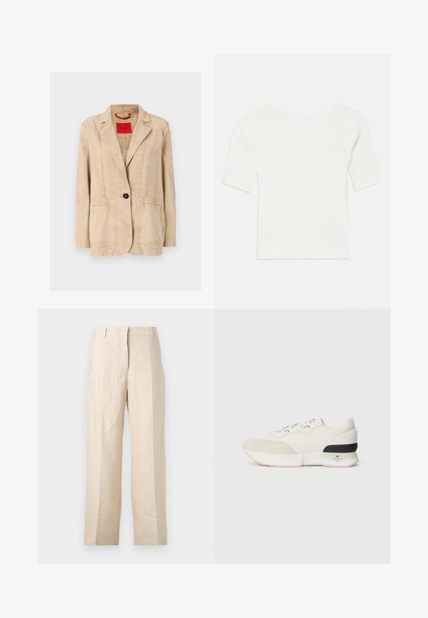 Casaco de algodão bege com lapela em bico, fecho de um único botão preto, duas bolsas frontais e detalhes de costura visíveis. Etiqueta vermelha no interior.; Top branco de malha com mangas curtas e decote largo. A textura apresenta riscas verticais, realçando um ajuste justo e um design simples.; Calças de linho bege com um corte solto, frente plissada e pernas retas. Apresentam uma cintura com passantes para cinto e sem bolsos visíveis.; Sneaker branco com biqueira em camurça texturizada, parte superior em malha lisa, atacadores decorativos e um detalhe na parte de trás em borracha preta.