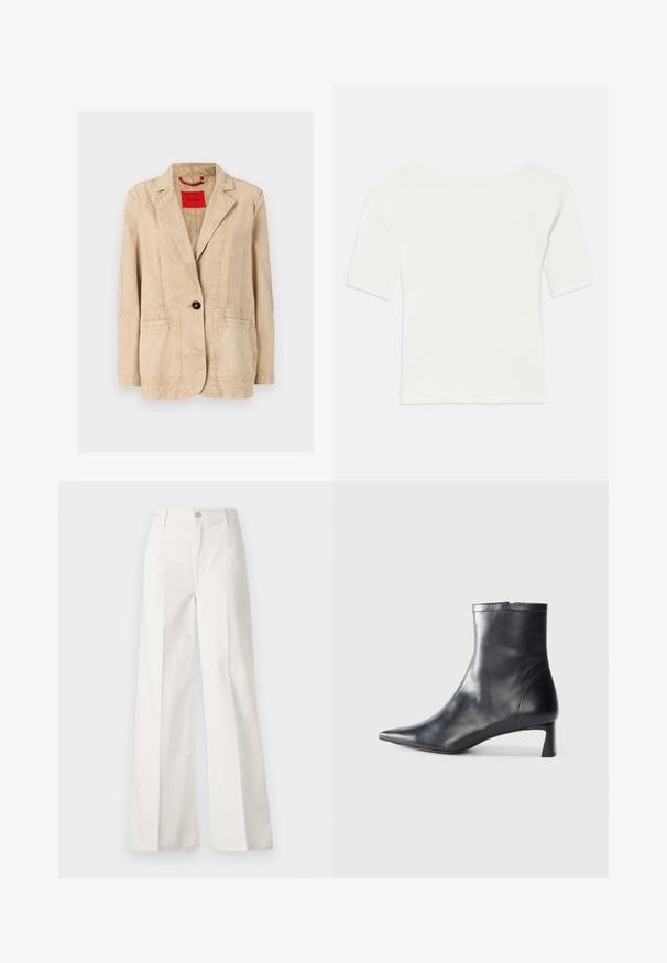 Casaco de algodão bege com lapela em bico, fecho de um único botão preto, duas bolsas frontais e detalhes de costura visíveis. Etiqueta vermelha no interior.; Top branco de malha com mangas curtas e decote largo. A textura apresenta riscas verticais, realçando um ajuste justo e um design simples.; Calças largas brancas feitas de algodão com uma textura suave. Apresenta um botão frontal, fecho de correr e um design de quatro bolsos.; Bota de tornozelo em pele preta com biqueira apontada e um design elegante. Apresenta um salto baixo e um fecho com zipper na parte de trás. Textura suave.