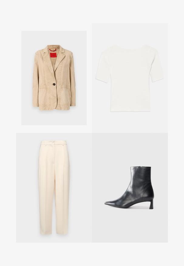 Beige bomullsjacka med spetsig krage, en svart knappstängning, två framfickor och synliga sömnadsdetaljer. Röd etikett inuti.; Vit ribbad kortärmad topp med vid halsringning. Texturen har vertikala ränder som betonar en tight passform och enkelt design.; Ljust beige skräddarsydda byxor med rak passform, utrustade medveck fram, en slät yta och en midjehöjd som är medelhög. Inga synliga fickor.; Svart läder ankelboot med spetsig tå och en smidig design. Har en låg klack och en dragkedjestängning bak. Slät textur.