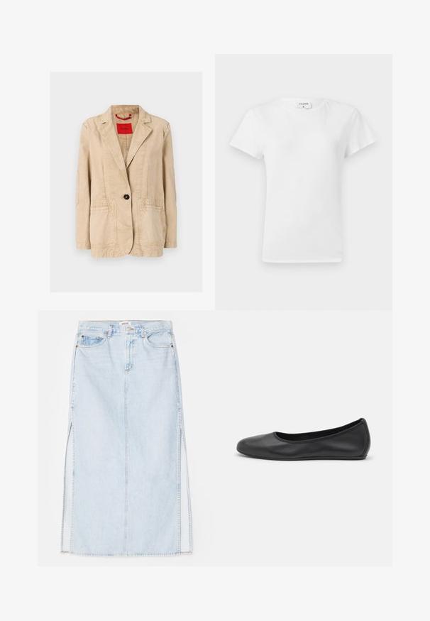 Beige cotton jacket with a notched lapel, single black button closure, two front pockets, and visible stitching details. Red label inside.; White cotton t-shirt with a crew neckline and short sleeves, featuring a relaxed fit and minimalistic design. Tag visible at the neck.; Light blue denim maxi skirt with a straight cut, featuring side slits and five-pocket design. Prominent stitching and metal button closure.; Black leather ballet flat with a rounded toe, smooth texture, minimal stitching detail, and a flexible sole design.