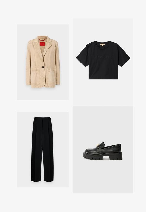 Casaco de algodão bege com lapela em bico, fecho de um único botão preto, duas bolsas frontais e detalhes de costura visíveis. Etiqueta vermelha no interior.; Camiseta cropped preta feita de algodão. Possui decote redondo e mangas curtas. "MICHAEL KORS" bordado na mesma cor na frente.; Calças largas pretas com uma cintura alta, apresentando pregas e uma textura suave. O tecido parece leve e cai elegantemente.; Mocassins de couro preto com uma sola robusta, apresentando um detalhe em tom dourado na parte da frente e um acabamento suave. Design de solado com cravos robustos.