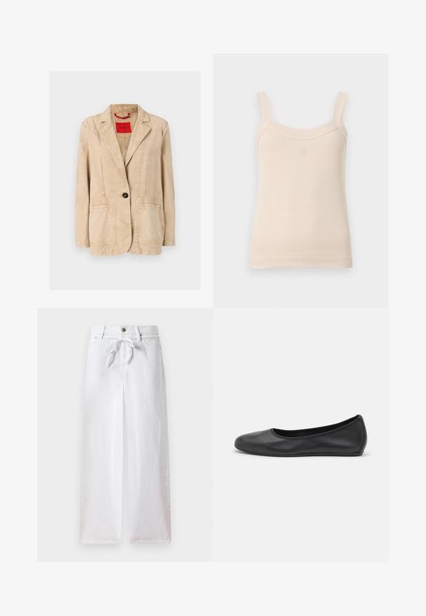 Béžová bavlnená bunda s klopovým golierom, jedným čiernym gombíkom, dvoma prednými vreckami a viditeľnými švami. Červený štítok vo vnútri.; Béžový rebrovaný top s tenkými ramienkami a zaobleným výstrihom. Na prednej strane sa nachádza vyšité logo. Hladká textúra, priliehavý strih.; Biele široké nohavice vyrobené z bavlny. Obsahujú šnúrku na sťahovanie v páse a zapínanie na gombík. Hladká textúra s minimalistickým dizajnom.; Čierne kožené baleríny s okrúhlou špičkou, hladkým povrchom, minimálnym prešívaním a flexibilným dizajnom podrážky.