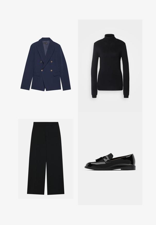 Navyblauwe dubbelzijdige blazer van gladde stof, met gouden knopen, ingesneden revers en twee voorzakken.; Zwarte coltrui van een zachte brei-stof, met lange mouwen en een aansluitende pasvorm, voorzien van een geribbelde kraag en zoom.; Zwart, wijde broek van een gladde stof. Heeft een plat tailleband met riemlussen en geen zichtbare zakken. Eenvoudig ontwerp.; Zwarte lakleren loafers met een platte hak, voorzien van een kwastaccent en een glad oppervlak, ontworpen met een ronde neus en subtiele stiksels.