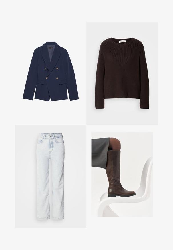 Tumesinine kahe nööbiga bleiser, mis on valmistatud siledast kangast, sisaldab kuldse tooni nööpide, hammaslõikega krae ja kaht esikotti.; Tumepruun kudum sweater, millel on ümar kaelus, alla lastud õlad ja ribakujundus kogu ulatuses. Lihtne, mugav lõikekujundus.; Heledad sinise värvi kõrge vöökoht ja sirge sääre lõikega teksad, valmistatud denimist. Omavad nööbivälist, viit taskut ja kerget fadeeritud tekstuuri.; Pruunist nahast põlvekõrgused saapad ümarate varvastega, siledat tekstuuri ja minimaalsete õmblusteenustega, paigutatud heledale taustale valgel toolil.