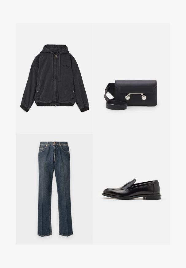 Juodas gobtuvu džemperis, pagamintas iš minkštos medžiagos, su užtrauktuku, šoninėmis kišenėmis ir gumos apykaklėmis. Diskretiška logotipo detalė ant krūtinės.; Kremo spalvos mezginis megztinis su polo apykakle, raukšlėtomis rankovėmis ir apačia, su priekiniais užtrauktukais ir minkšta tekstūra.; Tamsiai mėlynos tiesios kojos džinsai su priekiniais mygtukais, užtrauktuku, dviem priekinėmis kišenėmis ir matomomis vertikaliomis raukšlėmis nuo kelnių šonų.; Juodos odinės loafers, turinčios lygų paviršių, apvalią noselę ir dekoratyvinę juostą per priekinę dalį. Žemas krentantis kulnas, minimalistinis dizainas.; Juodas odinis kryžminis krepšys su sklendės uždarymu, sidabro spalvos detalėmis ir dviem apvaliais akcentais. Yra nusiimamas diržas. Lygus paviršius.