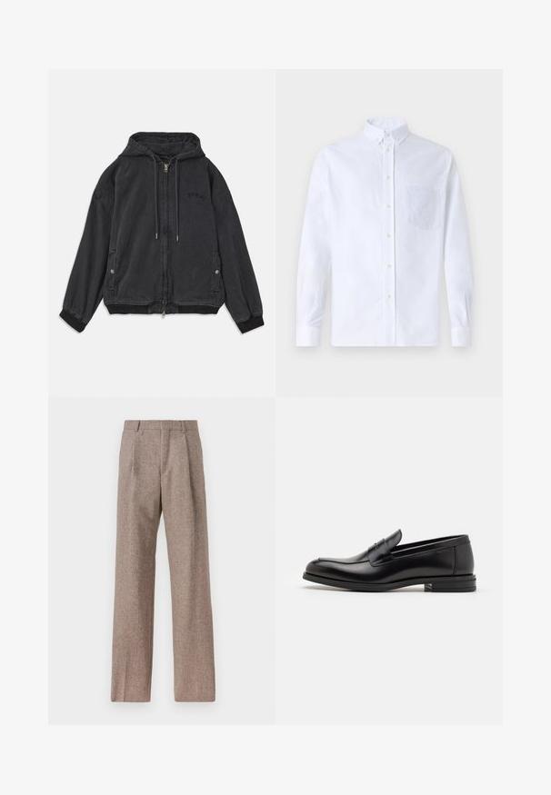 Black hooded jacket made of soft fabric, featuring a zip closure, side pockets, and ribbed cuffs. Subtle logo detail on the chest.; White long-sleeve button-up shirt made of cotton, featuring a chest pocket with tonal embroidery, a collar, and button cuffs.; Brown, high-waisted trousers made of textured fabric. Features wide legs and two front pleats for structure. Neat finish with no visible hardware.; Black leather loafers with a smooth texture, rounded toe, and a decorative strap across the vamp. Low stacked heel, minimalist design.