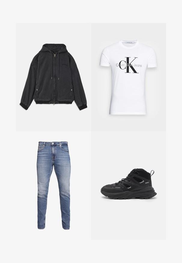 Musta kapuutsiga jakk, mis on valmistatud pehmest kangast, millel on lukuga sulgemine, külje taskud ja soonikuga mansetid. Rindadele on lisatud diskreetne logo.; Valge puuvillane T-särk, millel on must "CK" logo ja "Calvin Klein Jeans" tekst, lühikesed varrukad ning klassikaline ümmargune kaelus.; Sinised slim-fit teksad viie taskuga, pleekinud pesu, nööbiga sulgemine ja vöörihmadega, esitatud valge tausta ees.; Mustad matkajalatsid, millel on kihiline disain, tekstureeritud kangas ja kummist tallad, tugevduskohtadega ning sidumisfront.