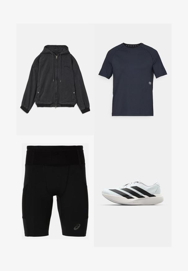 Black hooded jacket made of soft fabric, featuring a zip closure, side pockets, and ribbed cuffs. Subtle logo detail on the chest.; Dark navy short-sleeve t-shirt made of lightweight fabric, featuring a crew neckline with small eyelet details at the back and logo on the front side.; Black athletic shorts with a fitted design, made of smooth material. Features a high waistband and a small logo on the lower left leg.; Lightweight running shoes in pale blue with black stripes. Features a smooth upper, round toe, and thick white midsole labeled "LIGHTSTRIKE PRO."