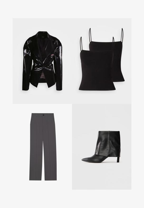 Moon Chang POCKET BOW - Σακάκι - black; Μαύρα τοπ καμισόλ με λεπτές τιράντες, κατασκευασμένα από λεία, ελαστική ύφασμα και κομψή εφαρμογή. Συσκευασία δύο τεμαχίων.; Γκρι παντελόνι με ευθεία γραμμή, διαθέτοντας δύο πλαϊνές τσέπες και κλείσιμο με κουμπί. Απαλή ύφανση χωρίς ορατά σχέδια ή λεπτομέρειες.; Μαύρη δερμάτινη μπότα μεσαίου μήκους με μυτερή μύτη, διπλωμένο επάνω κομμάτι και λεπτό χαμηλό τακούνι, τοποθετημένη σε άσπρο φόντο.