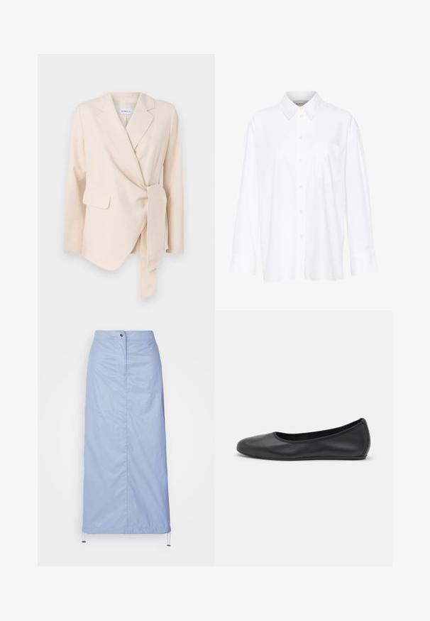Beige tailored blazer with long sleeves, wrap design, tie at waist, and two front pockets. Smooth texture and structured shape.; White long-sleeve collared shirt made of cotton. Features a button-down front and a single chest pocket. Smooth texture, relaxed fit.; Light blue, mid-length skirt made of smooth, lightweight material with a straight cut, features a front button closure and drawstring hem.; Black leather ballet flat with a rounded toe, smooth texture, minimal stitching detail, and a flexible sole design.