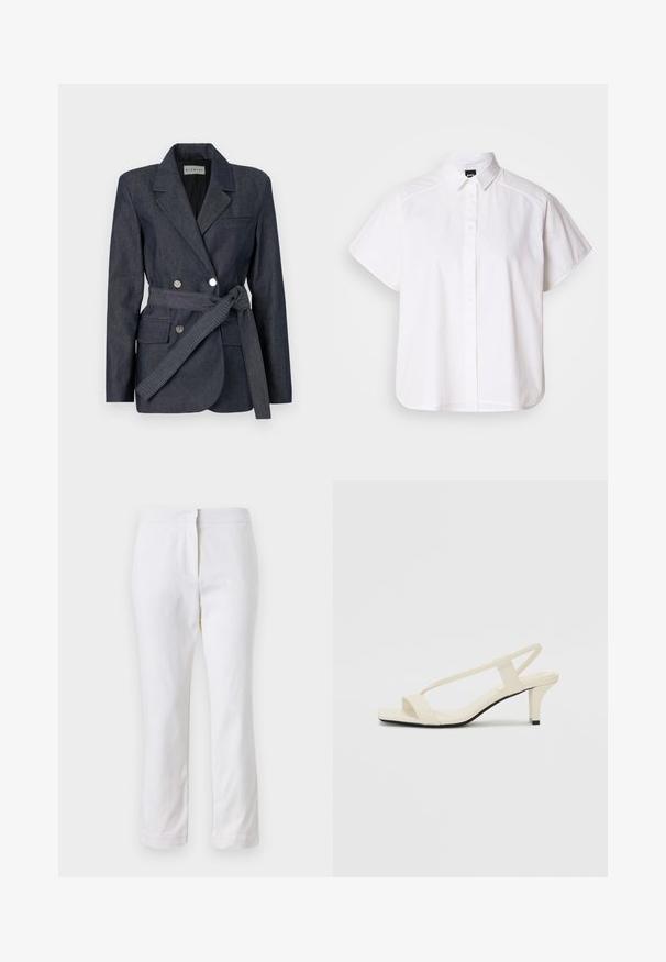 Tmavý denimový blazer s dvouřadým designem, klopovými límci, dvěma předními kapsami a uvázaným páskem. S incluiruje stříbrné knoflíky a strukturovaný povrch.; Bílá košile s krátkým rukávem a zapínáním na knoflíky, s špicatým límečkem a zakřiveným spodním lemem. Vyrobena z bavlny, má hladkou texturu a žádné viditelné vzory.; Bílé bavlněné kalhoty s rovnou nohavicou, s středně vysokým pasem a bez viditelných kovových prvků nebo vzorů. Hladká textura po celém povrchu.; Krémové sandály na bloku s tenkými popruhy a čtveratou špičkou. Hladký materiál s minimálními detaily, navržené pro snadné nošení.