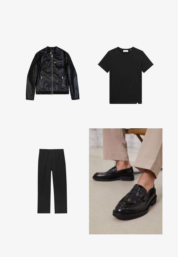 Giacca in pelle nera con scollatura rotonda, chiusura con zip e tre tasche con zip. Presenta una texture liscia e una finitura leggermente invecchiata.; T-shirt nera a maniche corte in cotone, con scollatura rotonda e un piccolo logo ricamato sul petto. Tessuto liscio, vestibilità standard.; Pantaloni neri con un design a gamba dritta, realizzati in un tessuto liscio. Presentano pieghe frontali e una chiusura a un bottone in vita.; Mocassini in pelle nera con finitura liscia, dotati di una cintura decorativa e cuciture a contrasto, abbinati a pantaloni beige.