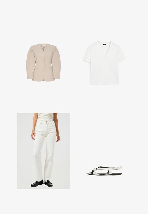 Beżowa marynarka z głębokim dekoltem w kształcie V, wyraźnie zarysowanymi ramionami i długimi rękawami. Posiada dwie przednie kieszenie i gładkie wykończenie.; Biała, krótki rękaw, koszulka typu V-neck wykonana z bawełny, charakteryzująca się minimalistycznym wzornictwem i gładką fakturą, z prostym dołem i bez ozdób.; Białe dżinsy o prostym kroju, z pięcioma kieszeniami, miedzianymi detalami i zapięciem na guzik. Gładka faktura i klasyczny design.; Białe skórzane sandały z płaską podeszwą, otwartym palcem i bocznym paskiem z klamrą. Charakteryzują się wycięciami po bokach.