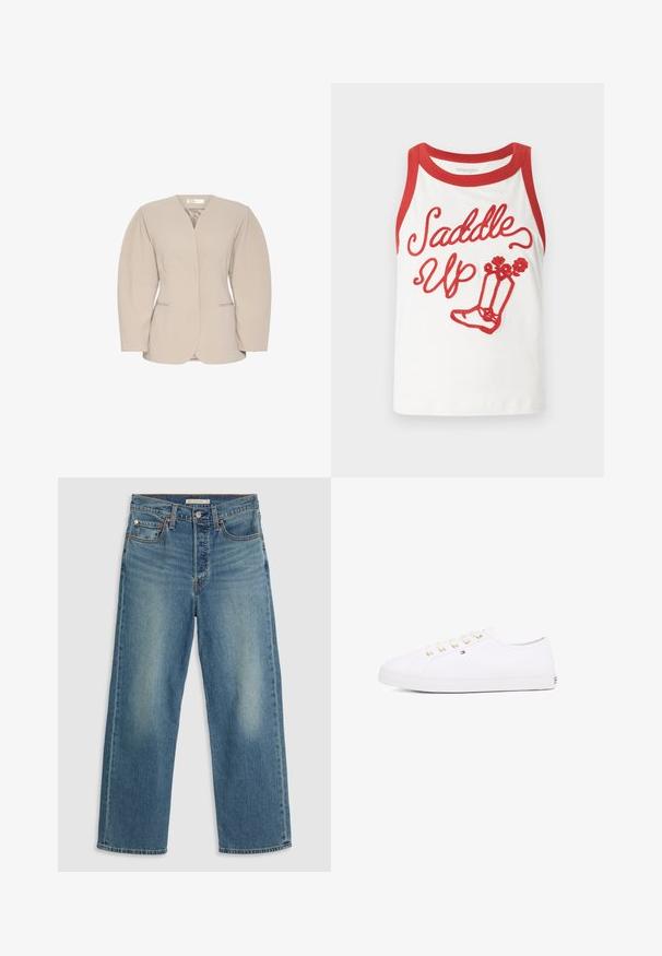 Beež ülikondjakk sügava V-kaelusega, struktureeritud õlgade ja pikkade varrukatega. Omab kahte esipaneeli taskut ja sujuvat viimistlust.; Valge käisteta pluus punaste ääristega, millel on "Saddle Up" tekst ja punane tikand kingsavalikuga. Sile kangas, lihtne disain. Suurused võivad varieeruda.; Heledad sinise muudatused sirge säärega teksad. Omadusteks on õmmeldud vöökoht, viis taskut ja nähtav kulumine.; Valge kangast tennisemüts kuldsete silmadega, lame pael ja tekstureeritud kummist talla, minimaalse brändimisega küljel. Madala profiiliga disain.