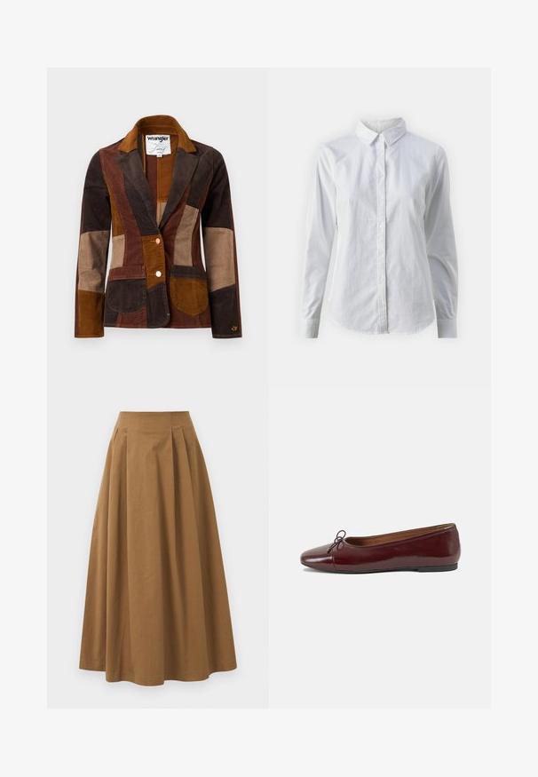 Brun fløjlsblazer med et patchwork-design i varierende nuancer af brun, herunder mørke, mellem og lyse toner. Iøjnefaldende forlommer.; Hvid skjorte med knapper lavet af glat bomuld, der har en klassisk krave, lange ærmer og en buet kant. Knapperne er små og hvide.; Brun bomulds A-linjeet nederdel med høj talje, præget af læg foran og en glat tekstur. Endeafslutningerne er enkle og rene.; Bordeaux patentlæder balletflad med rund tå, lille sløjfeaccent foran og en lav, sort gummisål. Glat tekstur.