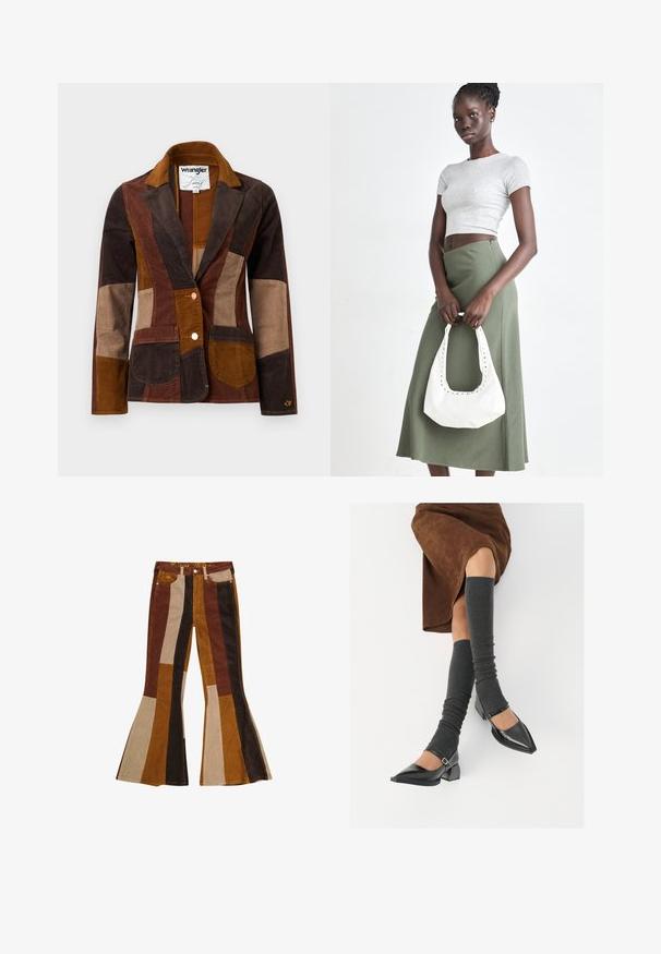 Bruin corduroy blazer met een patchwork ontwerp in verschillende tinten bruin, van donker tot medium en licht. Opmerkelijke voorzakken.; Witte mouwloze geribbelde tanktop met gouden metallic tekst "Cowgirl" op de borst, weergegeven op een effen achtergrond.; Wijde corduroy broek met een gestreept patroon in tinten bruin, beige en goud, met zakken en een gekleurde tailleband.; Zwarte gepatineerde leren pumps met een puntige neus, een blokhak en een enkelbandje, gecombineerd met grijze geribde beenwarmers en een bruine suède rok.; Grijs geribbelde crop top en olijfgroene hoge taille rok. Model houdt een witte schoudertas met uitsparingen vast. Eenvoudig ontwerp, aansluitende silhouet.