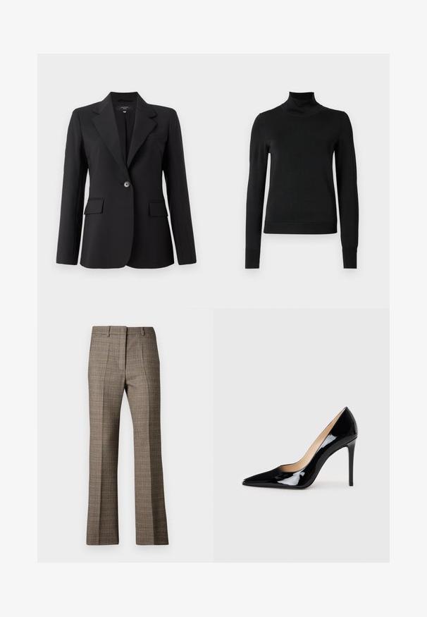 Blazer negro con solapa afilada, cierre de un botón, dos bolsillos delanteros y una textura de tela suave y elegante. Diseño de corte entallado.; Suéter negro de manga larga con cuello de tortuga, con puños y dobladillo acanalados, exhibido sobre un fondo blanco liso.; Pantalones a cuadros marrones con corte recto, que presentan una tela texturizada y colores sutiles de beige y marrones oscuros a lo largo del patrón.; Zapato de tacón alto de charol negro con un diseño de punta afilada y una silueta elegante. Presenta un acabado suave y brillante y un tacón de aguja esbelto.
