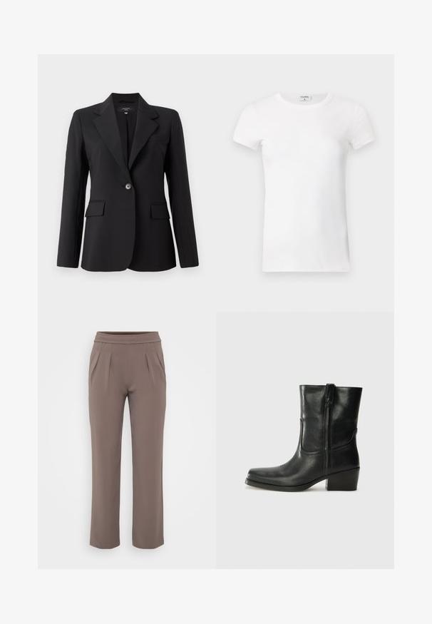 Crni sako s oštrim reverima, jednim dugmetom, dva prednja džepa i elegantnom, glatkom teksturom tkanine. Rez pravljen po meri.; Bijela rebrasta kratkotrajna majica s okruglim izrezom. Tkanina izgleda glatko s prilagođenim siluetom. Vidljiva oznaka branda na ovratniku.; Taupe hlače širokog kroja s elastičnim pojasom i prednjim naborima, izrađene od glatkog materijala.; Crne kožne čizme do članaka s okruglim vrhom, blok potpeticom, bočnim patentnim zatvaračem i detaljima od šavova na gornjem dijelu. Glatka tekstura, klasičan dizajn.