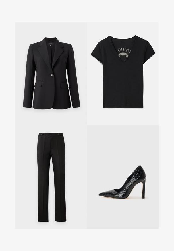 Blazer noir avec un col pointu, fermeture à un bouton, deux poches avant et une texture de tissu lisse et élégante. Conception ajustée.; T-shirt noir à manches courtes avec un décolleté en V profond, présentant un panneau en maille et un design imprimé sur la couche intérieure. Tissu doux et respirant.; Pantalons tailleur noirs à jambe droite, deux poches avant, fermeture à bouton et détails de plis sur le devant. Texture de tissu lisse.; Escarpin noir à bout pointu avec texture en cuir de crocodile, présentant un design élégant, un haut talon aiguille et un intérieur noir lisse.