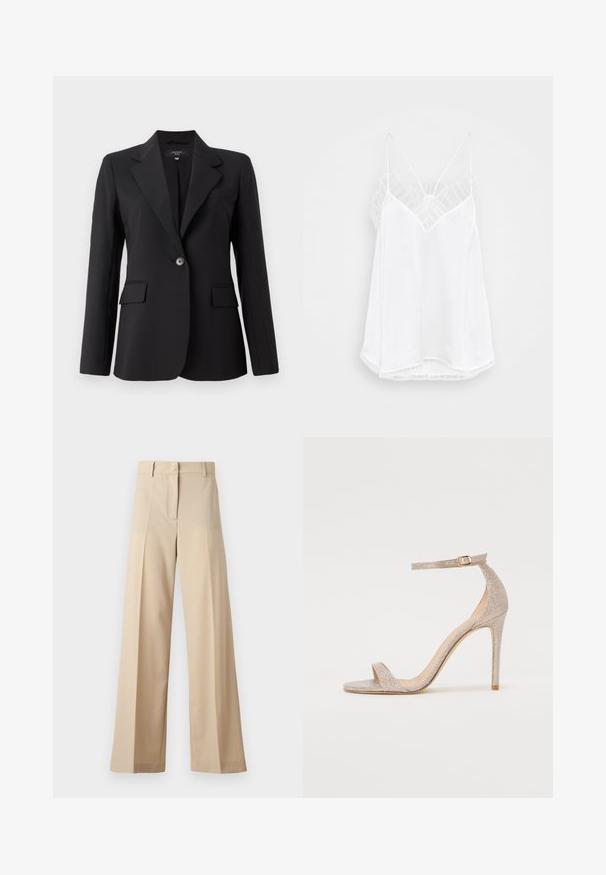 Juodas švarkas su aštriu apykaklės kraštu, vieno mygtuko užsegimu, dviem priekinėmis kišenėmis ir glotnia, lygaus audinio tekstūra. Priešais pritaikytas dizainas.; Balta camizola su V formos iškirpte, plonais petnešomis, tekstūruota nėrinių apdaila ant pečių ir lenkta apatinė dalis. Lygi audinio tekstūra.; Smėliniai plačių kojų kelnių pagamintos iš lygaus audinio, su plokščiu priekiu su klostėmis, užtrauktuku ir kilpomis diržui. Visapusiškai pritaikyta forma.; Metaliniu rožiniu auksu padabinti aukštakulniai sandalai su dirželiais, turintys tekstūruotą viršutinę dalį, atvirą pirštą ir kulkšnies dirželį su auksiniu sagtimi.