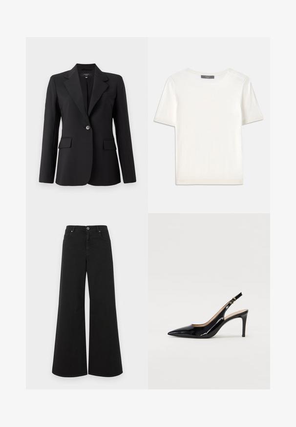 Blazer nero con revers affilato, chiusura a un bottone, due tasche frontali e una texture di tessuto liscia e lucente. Design su misura.; Top corto a maniche corte di colore bianco, in maglia, con scollatura rotonda. Presenta una texture liscia e accenti a coste sottili sulle maniche e sull'orlo.; Jeans neri a gamba larga realizzati in denim, con vita alta, cinque tasche, chiusura con bottone e finitura pulita senza decorazioni.; Pumps slingback in pelle verniciata nera con punta affilata, tacco sottile e un design con ritagli delicati. Caratterizzate da una fibbia dorata sul cinturino.