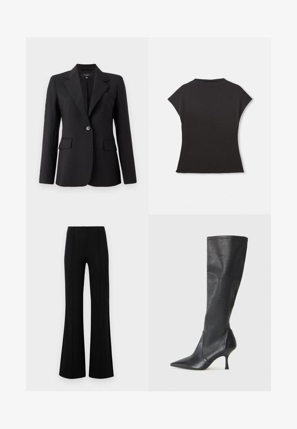 Melnā žakete ar asu atlokumu, vienu pogu aizdari, divām priekšējām kabatām un gludu, gludu auduma struktūru. Veiksmīgi piegriezta dizaina.; Melna īsām piedurknēm augsta kakla blūze ar brīvu piegriezumu. Izgatavota no mīksta auduma ar gludu tekstūru. Nav redzamu rakstu vai grafikas.; Melnas platas bikses ar augsto jostasvietu, izgatavotas no elastīga auduma. Satur vertikālas šuvju detaļas priekšpusē un gludu tekstūru.; Ceļa auguma melni ādas zābaki ar smailu purngalu un šauru stiletto papēdi. Gluda tekstūra ar pieguļošu dizainu un izšuvumiem augšējā malā.