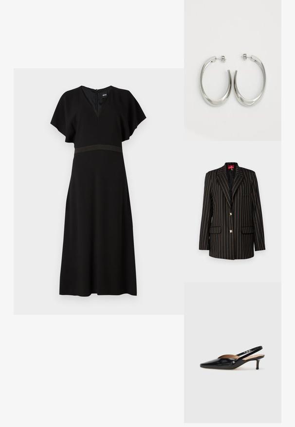 Blazer negro con finas rayas verticales naranjas, diseño de una sola fila de botones, solapas en pico, dos bolsillos frontales y botones en tono dorado.; Vestido negro con escote en V, mangas cortas tipo volantes y una banda horizontal en contraste en la cintura. Hecho de una tela suave y fluida.; Zapato de tacón slingback de charol negro con punta afilada, tacón pequeño y un diseño recortado en la parte superior. Accesorio de metal en tono dorado en el lateral.; Pendientes de aro de plata con un diseño curvado y suave. Presentan un acabado metálico brillante y cierre de presión. Sin patrones ni acentos visibles.