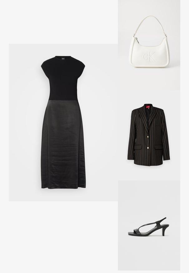Svart blazer med tynne oransje vertikale striper, en-knapp design, spiss krage, to frontlommer og knapper i gulltone.; Svart kjole med tilpasset liv og flytende, silkeaktig skjørt. Kappeermer, rund halslinje, glatt tekstur og ankel-lengde design.; Svarte hæl-sandaler med et slankt stroppedesign, firkantet tå og en mellomhøy blokkheel. Laget av glatt lær med en matt finish.; Hvit lærveske med en buet fasong, med et preget "CK"-logo på forsiden og en enkel skulderstropp. Glidelåslukking på toppen.