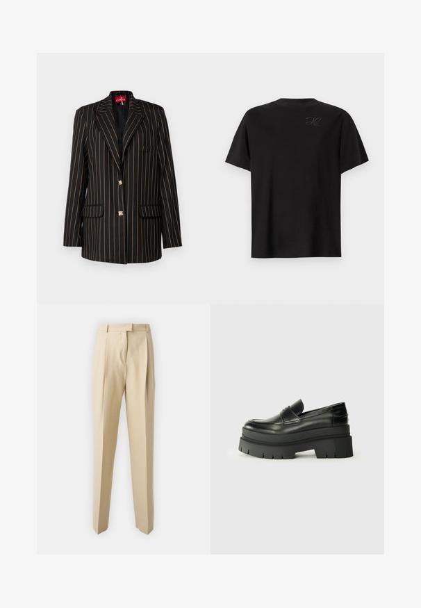 Sort blazer med tynde orange lodrette striber, en-knap design, spids slag, to forlommer og guldtonede knapper.; Sort t-shirt med korte ærmer lavet af blød bomuld. Rund halsudskæring med diskret broderet logo på venstre bryst. Glat tekstur, afslappet pasform.; Beige skrædderbukser med lige snit, der har læg, en taljeværdig og en glat tekstur. Ingen synlige lommer eller udsmykninger.; Sorte læder loafers med en kraftig platformsål. Rund tå, forkant-søm detalje og subtile syninger. Flad, struktureret ydersål.
