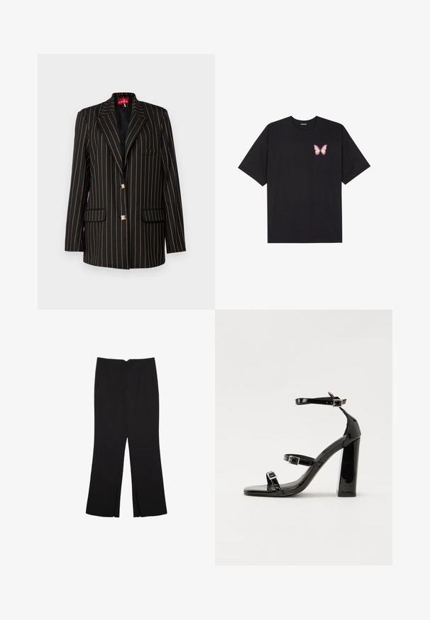 Crni blazer s tankim narančastim vertikalnim prugama, jednostruko kopčanje, vrhunska revera, dva prednja džepa i dugmad u zlatnoj boji.; Crna pamučna majica s kratkim rukavima, s malim grafičkim prikazom ružičaste vjetricaste s desne strane na prsima. Dizajn s okruglim izrezom i opuštenim krojem.; Crne hlače ravnog kroja, s prednjim džepovima i bočnim prorezima na rubu. Izrađene od mekog i glatkog materijala. Pogodne za razne prigode.; Crne lakirane sandale na pete sa kvadratnim nosom, trakama oko gležnja i srebrnim kopčama. Imaju čvrst blok petu za stabilnost.