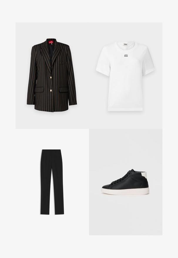 Blazer nero con sottili strisce verticali arancioni, design monopetto, revers a punta, due tasche frontali e bottoni dorati.; T-shirt bianca in cotone con maniche corte, caratterizzata da un piccolo design grafico nero di un volto con occhi a cuore e bocca dritta sul petto.; Pantaloni neri su misura con un design a gamba dritta, dotati di tasche frontali e un tessuto liscio e strutturato. Dettagli ordinati e minimalisti.; Sneaker alta nera in pelle liscia con suola in gomma bianca, dotata di lacci rotondi, collare imbottito e accentuazione del tallone in contrasto.