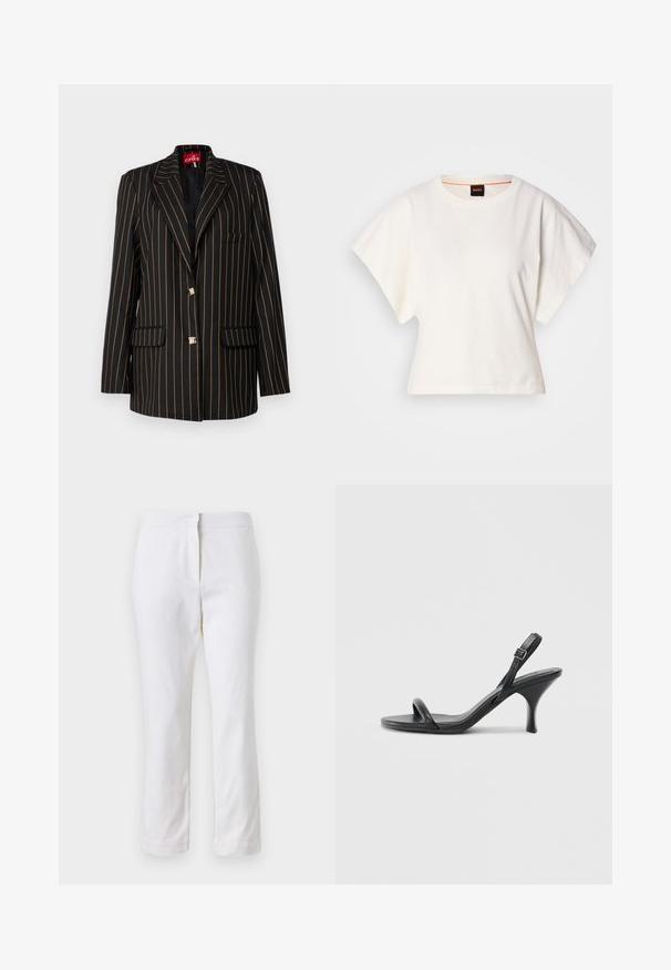 Blazer nero con sottili strisce verticali arancioni, design monopetto, revers a punta, due tasche frontali e bottoni dorati.; T-shirt bianca cropped, maniche corte e larghe, tessuto di cotone morbido, scollatura rotonda con bordino arancione sottile, design minimale, senza motivi o grafiche.; Pantaloni bianchi in cotone con design a gamba dritta, caratterizzati da una vita a media altezza e senza hardware o motivi visibili. Tessuto liscio su tutta la superficie.; Sandali con tacco alto in pelle nera, con tacco sottile e curvo e design a fascia incrociata. Cinghia alla caviglia regolabile. Texture liscia.