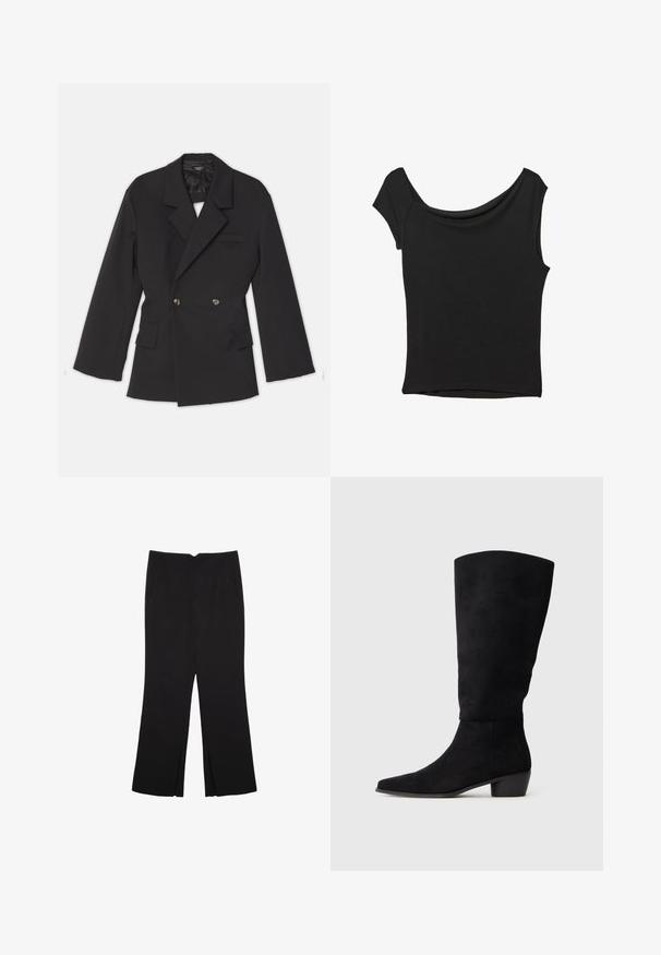 A.W.A.K.E. MODE DOUBLE BREASTED WITH BACK CUTOUT AND TIES - Blazer - black; Sort kortærmet top lavet af glat stof; har en draperet halsudskæring og en asymmetrisk kant, med en tætsiddende pasform.; Sorte bukser med lige pasform, der har frontlommer og slidser i kanten. Lavet af blødt, glat stof. Velegnet til forskellige anledninger.; Sort ruskindsknæhøj støvle med lav blokhæl og spids tå, vist fra siden på en ensfarvet lysegrå baggrund.