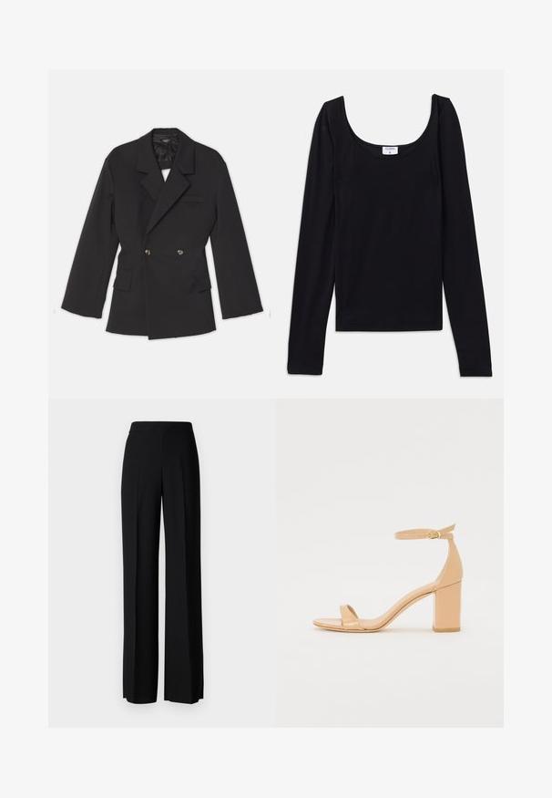 A.W.A.K.E. MODE DOUBLE BREASTED WITH BACK CUTOUT AND TIES - Blazer - black; Zwarte langwerpige top met een ronde hals, gemaakt van gladde, rekbare stof. Eenvoudig ontwerp, geen zichtbare patronen of accenten.; Zwarte wijde broek met een gladde textuur, voorzien van een hoge tailleband en middelste plooien. Geen zichtbare patronen of hardware-details.; Nude patenten leren heeled sandalen met een vierkante neus, enkelbandje en een stevige blokhak. Gladde textuur en minimalistische ontwerpelementen.