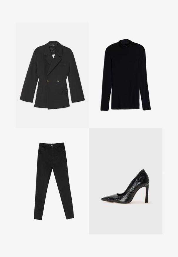 A.W.A.K.E. MODE DOUBLE BREASTED WITH BACK CUTOUT AND TIES - Blazer - black; Black long-sleeve top with a cowl neck, made from a soft, smooth fabric; fitted design with straight hem and no visible seams.; Black skinny jeans made of denim, featuring a high waist, five-pocket design, and raw hem at the ankles. Classic button and zipper closure.; Black pointed-toe high heel shoe with a crocodile-skin texture, featuring a sleek design, high stiletto heel, and smooth black interior.