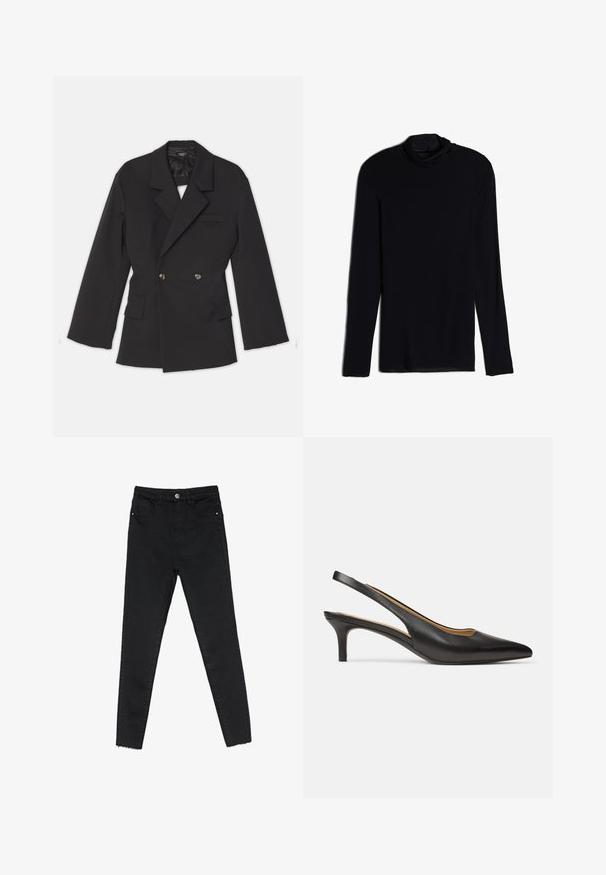 A.W.A.K.E. MODE DOUBLE BREASTED WITH BACK CUTOUT AND TIES - Blazer - black; Zwarte langemouwen top met een cowlneck, gemaakt van een zachte, gladde stof; aansluitend ontwerp met rechte zoom en geen zichtbare naden.; Zwarte skinny jeans van denim, met een hoge taille, vijf-pocketontwerp en een onafgewerkte zoom bij de enkels. Klassieke knoop- en ritssluiting.; Zwarte leren slingback pump met puntschoen en lage kittenheel, zijaanzicht op een effen witte achtergrond.