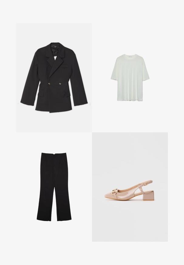 A.W.A.K.E. MODE DOUBLE BREASTED WITH BACK CUTOUT AND TIES - Blazer - black; T-shirt bianco a maniche corte, colletto rotondo, tessuto misto cotone morbido, vestibilità rilassata, orlo senza cuciture, design minimalista senza decorazioni.; Pantaloni neri a gamba dritta, con tasche frontali e spacchi laterali all'orlo. Realizzati in tessuto morbido e liscio. Adatti a diverse occasioni.; Scarpa slingback in pelle lucida beige con tacco a blocco, punta affusolata e dettaglio a fibbia tono oro sulla parte superiore.